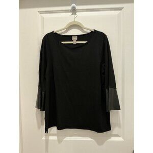 Chicos Blouse Size 3 (XL) Women’s Black  3/4 Sleeve Faux Leather Wide Trim